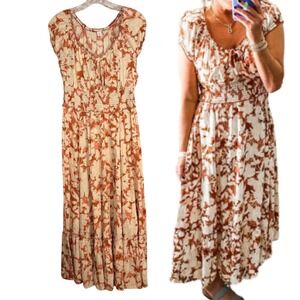 Old Navy Floral Maxi Dress Smocked Waist Tiered Orange Cream M Peasant Cottage